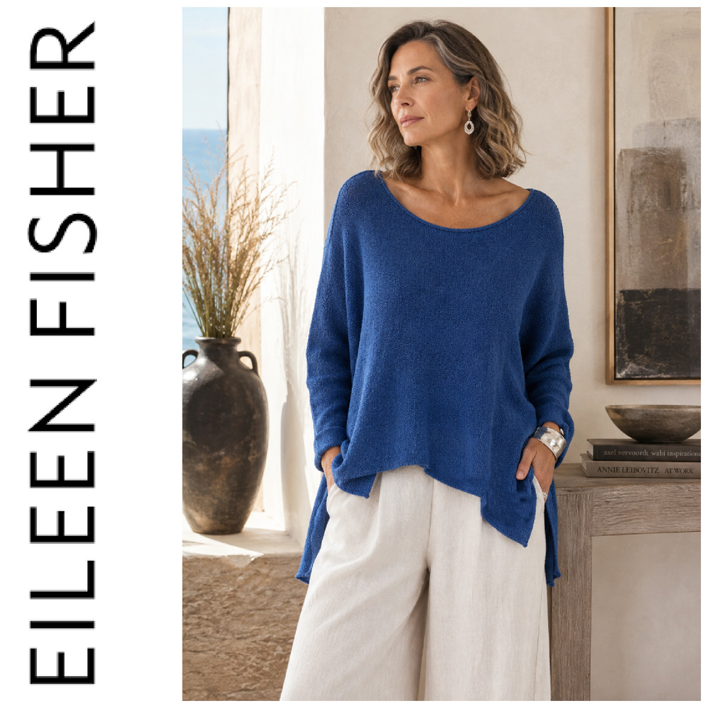 Eileen Fisher XL Blue 100% Organic Cotton Sweater Peru Oversized Textured Knit